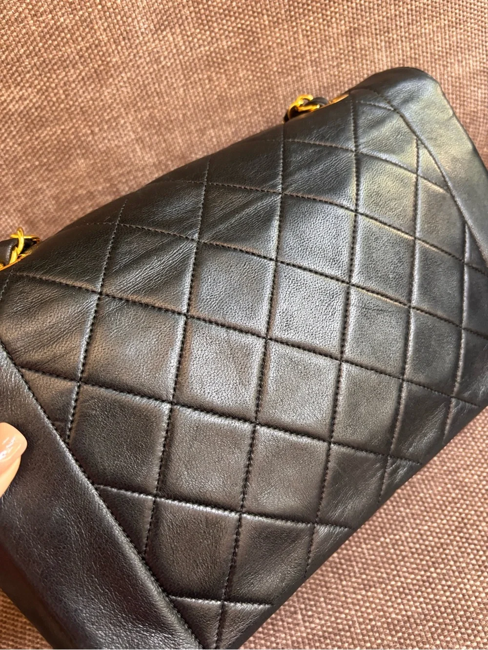 Authentic CHANEL Rare 24k gold black lambskin leather Diana bag